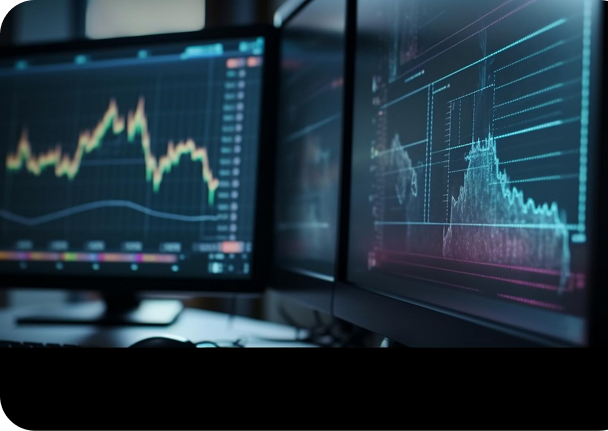 Trading desk with multiple screens displaying financial data and graphs